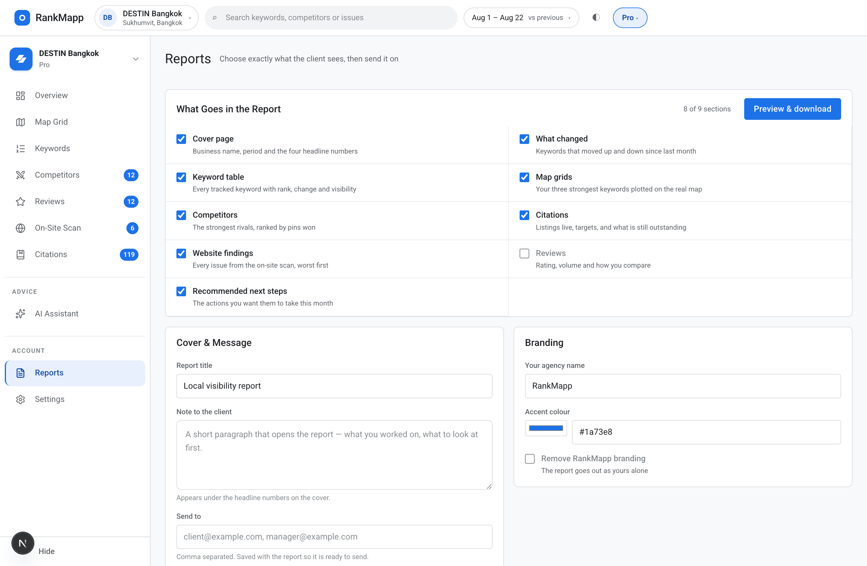 The report builder, choosing which sections appear and in what order.
